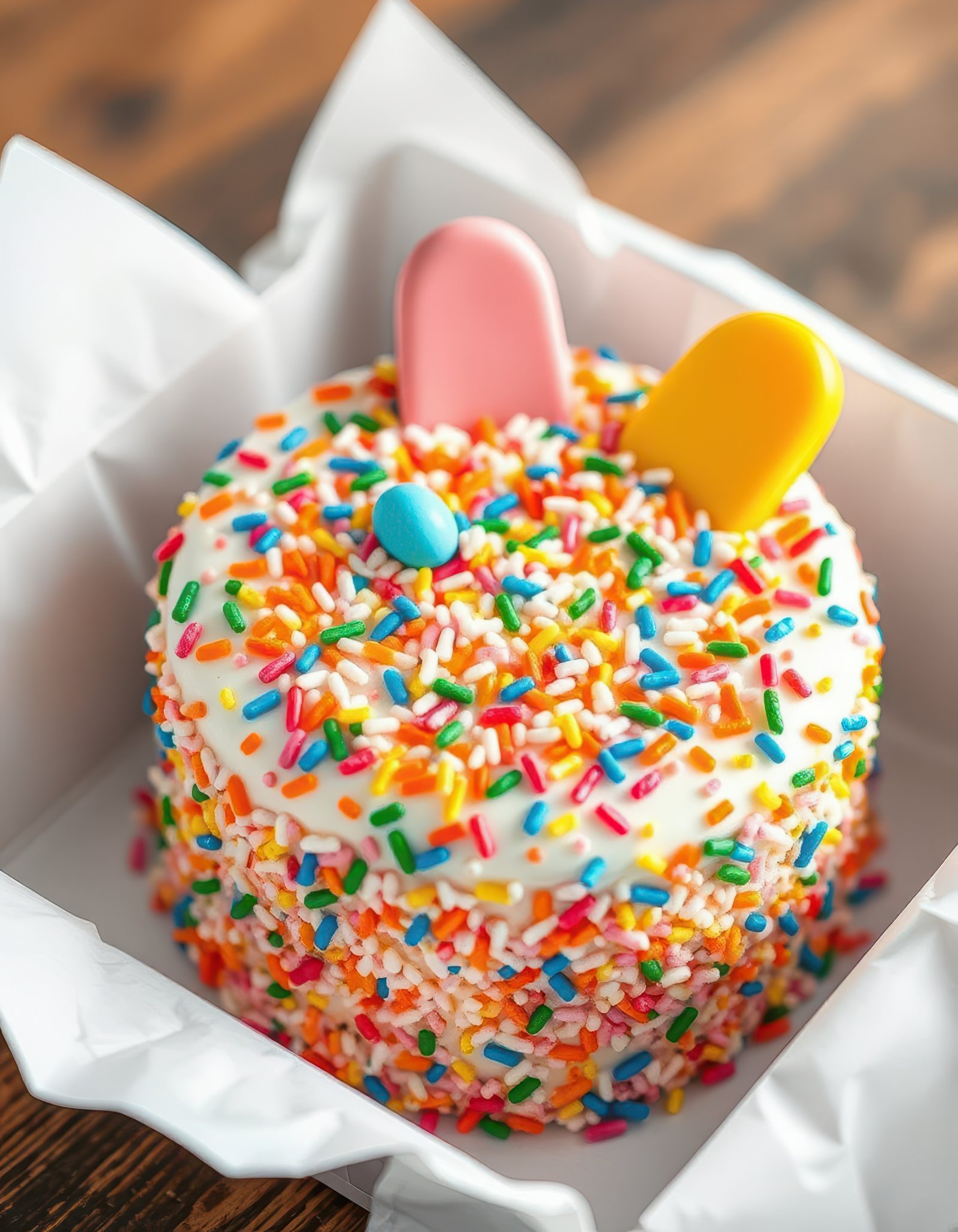 Colorful birthday cake topped with sprinkles and bunny ears in a bakery setting